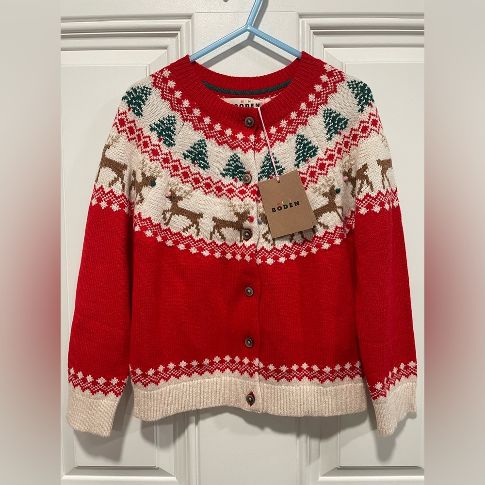 Girls Mini Boden Edie Fair Isle Cardigan, Poppy Red Reindeer 5-6Y NWT